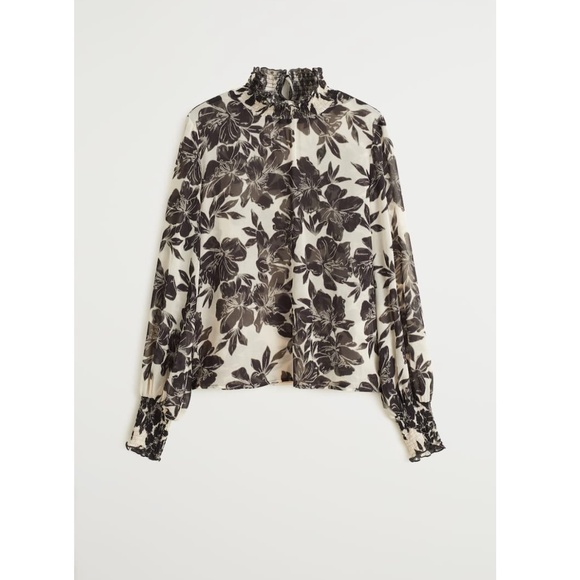 Black & ecru (off-white) floral printed smocked neck and cuff blouse - Picture 5 of 6